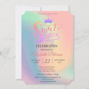 Chic Glitter Tiara Holographic Sweet 16 Party Einladung