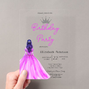 Chic Glitter-Tiara-Mädchenkleid Neon-Pink Geburtst Acryleinladungen