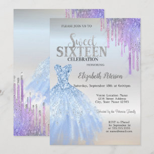 Chic Glitter-Tropfen, Blaues Kleid Silber Sweet 16 Einladung