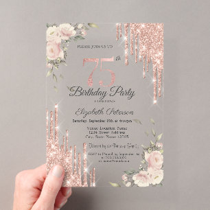 Chic Glitter Tropfen, Blumen Rose Gold 75. Geburts Acryleinladungen