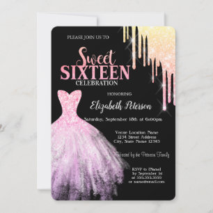 Chic Glitter-Tropfen, Rosa Kleid Schwarz Sweet 16 Einladung