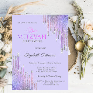 Chic Glitter Violett Tropfen Lavendel Bat Mitzvah  Einladung