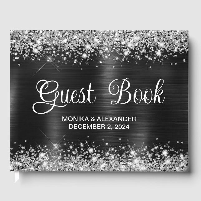 Chic Glittery Black Foil Wedding Guest Book Gästebuch (Vorderseite)