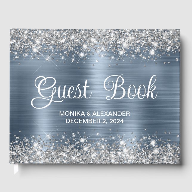 Chic Glittery Dusty Blue Foil Wedding Guest Book Gästebuch (Vorderseite)
