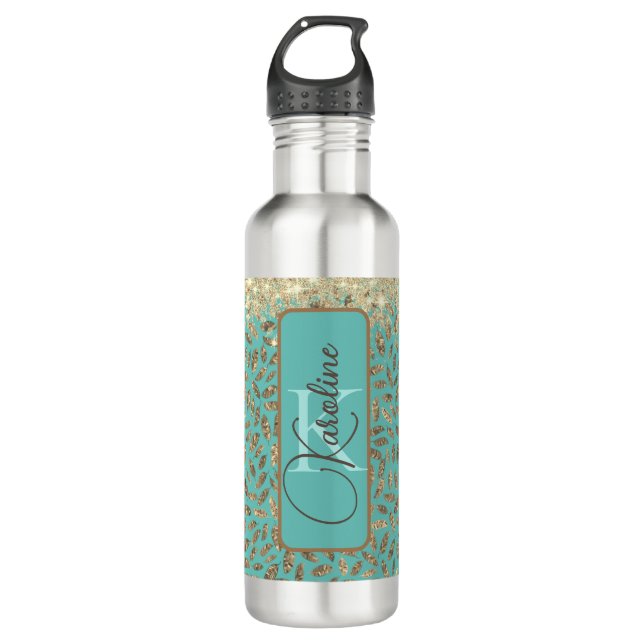 Chic Glittery Feathers Monogram Edelstahlflasche (Vorderseite)