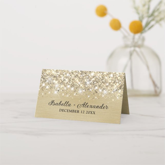 Chic Glittery Gold Foil Persönliche Platzkarte (Rückseite)