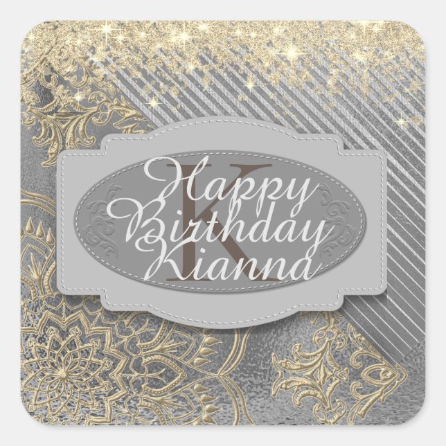 Chic Glittery Mandala Monogram Quadratischer Aufkleber (Vorderseite)