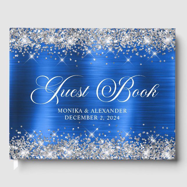 Chic Glittery Royal Blue Foil Wedding Guest Book Gästebuch (Vorderseite)