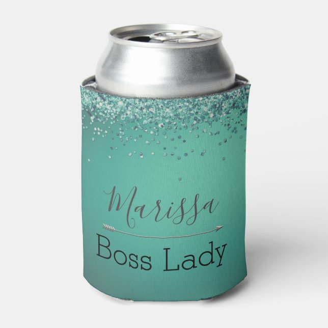 Chic Glittery Türkis Personalisiert Boss Lady Dosenkühler (Kanne Vorderseite)