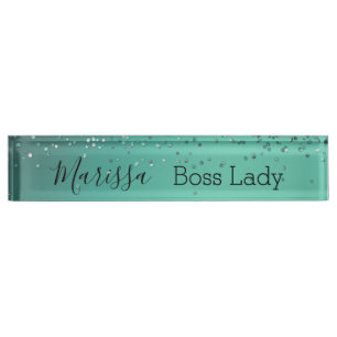 Chic Glittery Türkis Personalisiert Boss Lady Namensplakette