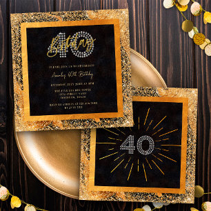 Chic Glitzer Black and Gold 40. Geburtstag Party Einladung