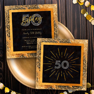Chic Glitzer Black and Gold 50. Geburtstagsparty Einladung