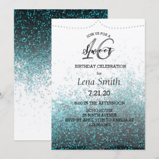 Chic Glitzer Blue Confetti Sweet 16 Geburtstag Einladung