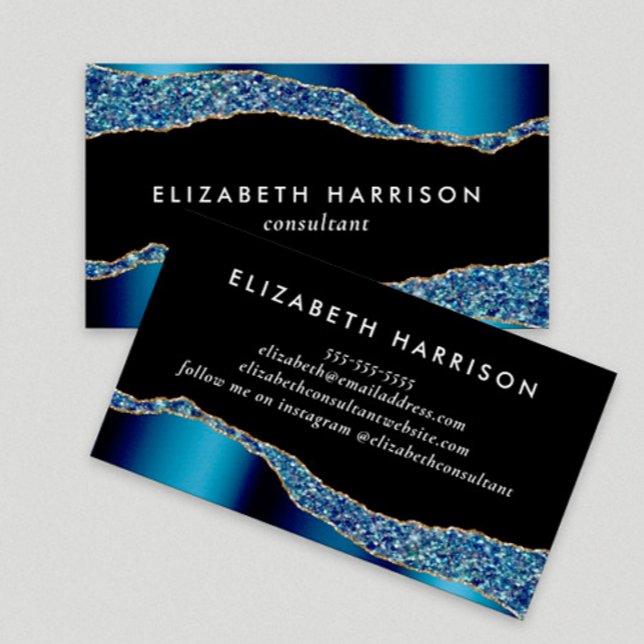 Chic Glitzer Blue Foil Black Visitenkarte (Von Creator hochgeladen)