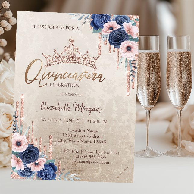 Chic Glitzer Crown Drop, Blue Rose Quinceañera Einladung (Von Creator hochgeladen)