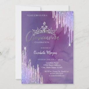 Chic Glitzer Crown Drop Violet Quinceañera Einladung