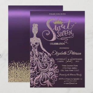 Chic Glitzer Dress,Tiara,Diamonds Lila Sweet 16 Einladung