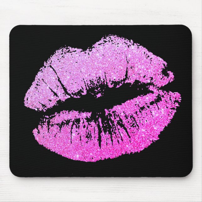 Chic Glitzer Effect Neon Lippen Schwarze Mousepad (Vorne)