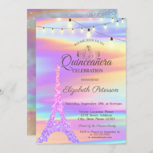 Chic Glitzer Eiffel Tower Holographic Quinceañera Einladung
