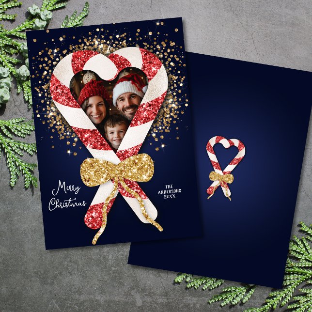Chic Glitzer Gold Candy Cane Frame Foto Weihnachte Einladung (glitter candy cane photo frame on navy background)