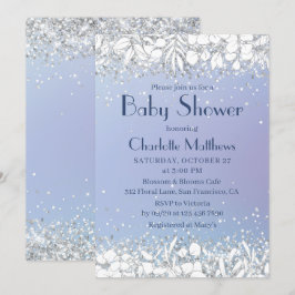 Chic Glitzer Moderne Blumenblauer Babydusche Einladung