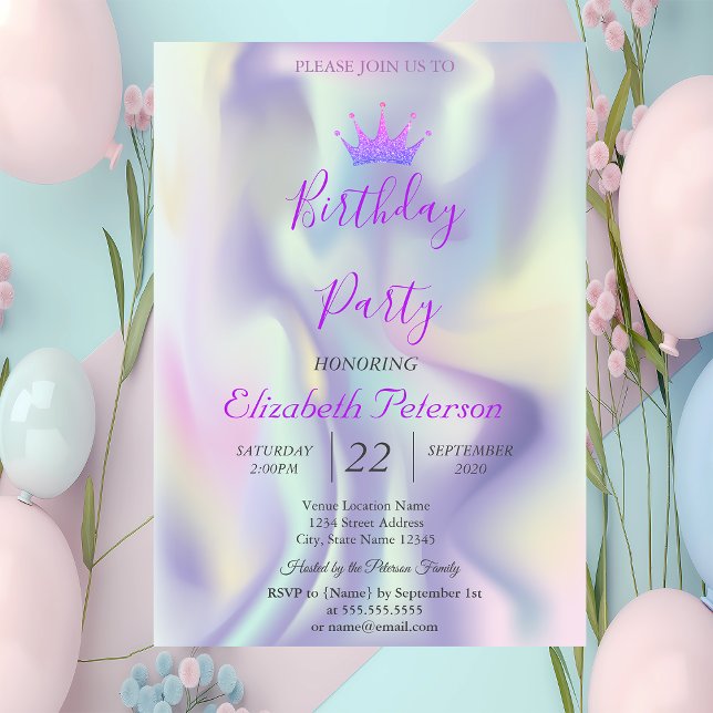 Chic Glitzer Tiara Holographic Birthday Party Einladung (Von Creator hochgeladen)