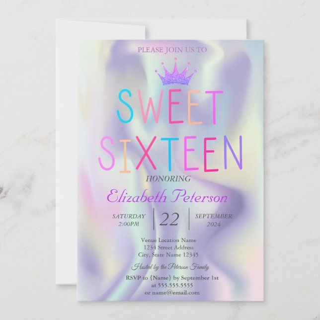 Chic Glitzer Tiara Holographic Colorful Sweet 16 Einladung (Vorderseite)