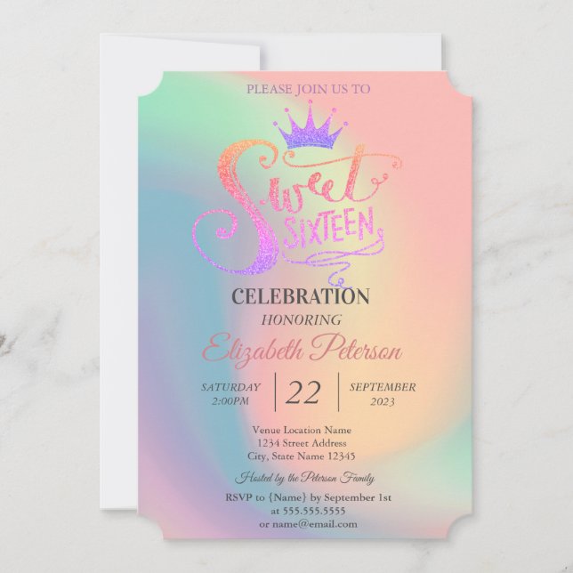 Chic Glitzer Tiara Holographic Sweet 16 Party Einladung (Vorderseite)