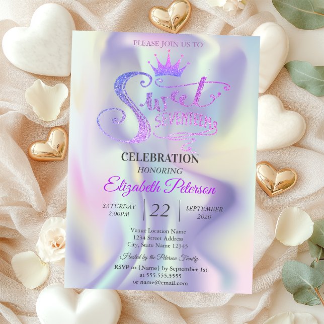 Chic Glitzer Tiara Holographic Sweet 17 Geburtstag Einladung (Von Creator hochgeladen)