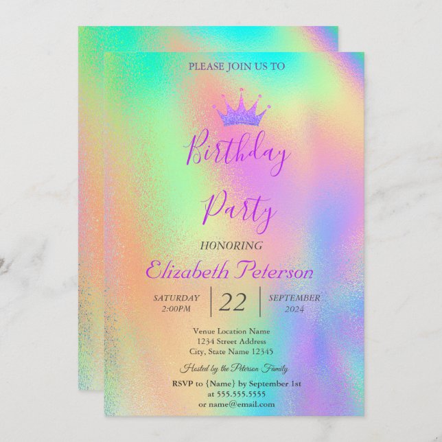 Chic Glitzer Tiara Rainbow Holographic Birthday Einladung (Vorne/Hinten)