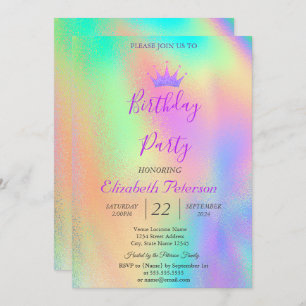 Chic Glitzer Tiara Rainbow Holographic Birthday Einladung