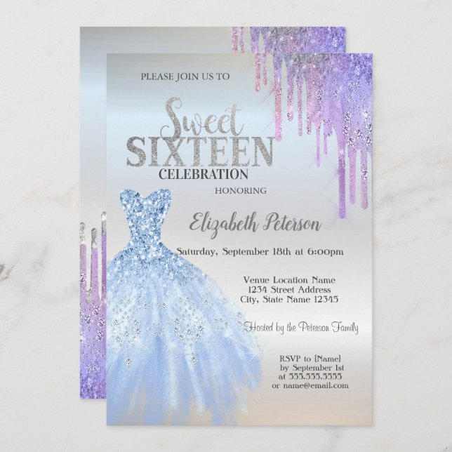 Chic Glitzer Tropfen, Blue Dress Silver Sweet 16 Einladung (Vorne/Hinten)