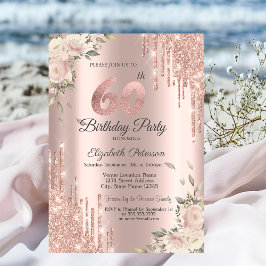 Chic Glitzer Tropfen,Blume Rose Gold 60. Geburtsta Einladung