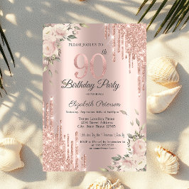 Chic Glitzer Tropfen,Blume Rose Gold 90. Geburtsta Einladung