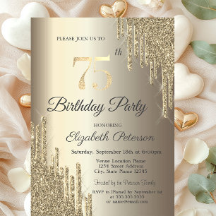 Chic Glitzer Tropfen Champagne 75. Geburtstag Einladung