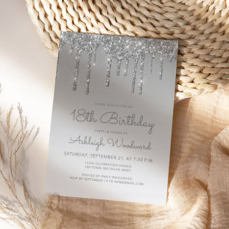 Chic Glitzer Tropfen Silver 18. Geburtstag Einladung