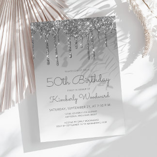 Chic Glitzer Tropfen Silver 50. Geburtstag Einladung