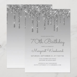 Chic Glitzer Tropfen Silver 70. Geburtstag Einladung