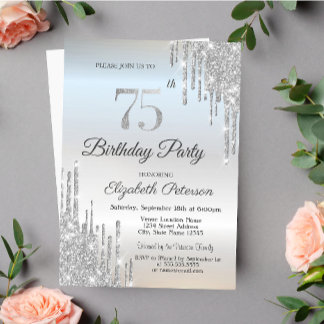 Chic Glitzer Tropfen Silver 75. Geburtstag Einladung