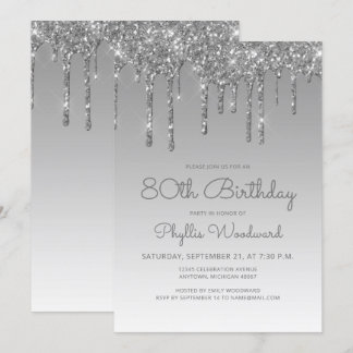Chic Glitzer Tropfen Silver 80. Geburtstag Einladung