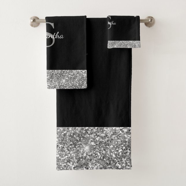 Chic Glitzer Tropfens Sparkle Silver Black Monogra Badhandtuch Set (Insitu)
