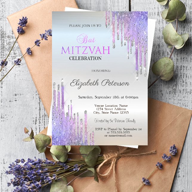Chic Glitzer Violet Tropfen Silver Bat Mitzvah Einladung (Von Creator hochgeladen)