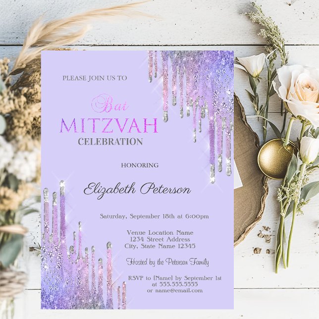 Chic Glitzer Violet Tropfens Lavander Bat Mitzvah Einladung (Von Creator hochgeladen)