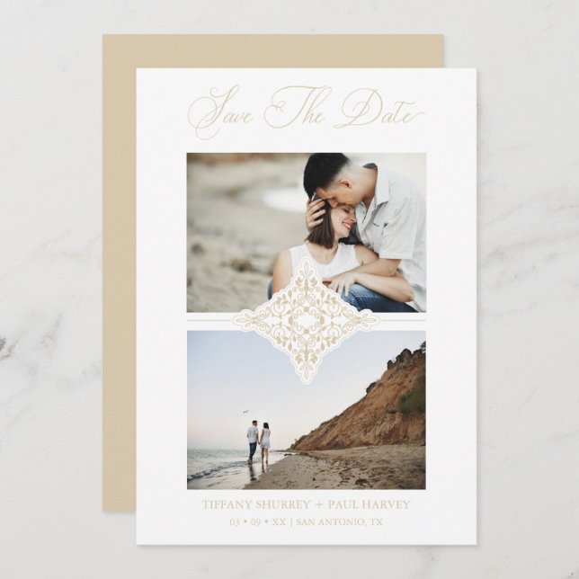 Chic Gold 2 Photos Ornament Sophisticated Wedding Save The Date (Vorne/Hinten)