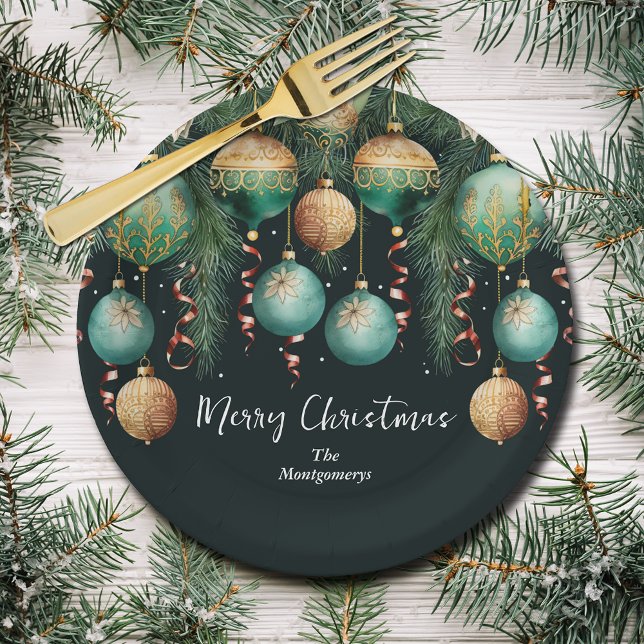 Chic Gold and Green Christmas Tree Ornaments Pappteller (Chic gold and green Christmas tree ornaments paper napkins)