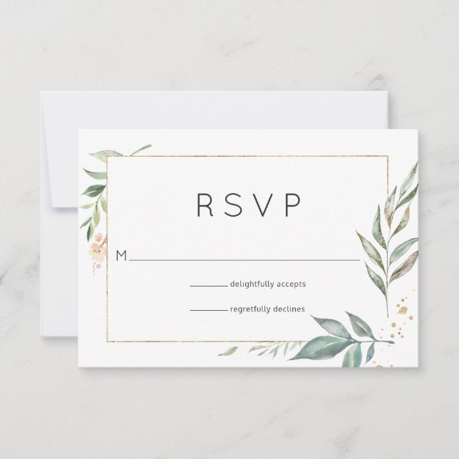 Chic Gold and Greenery Geometric Wedding RSVP Karte (Vorderseite)