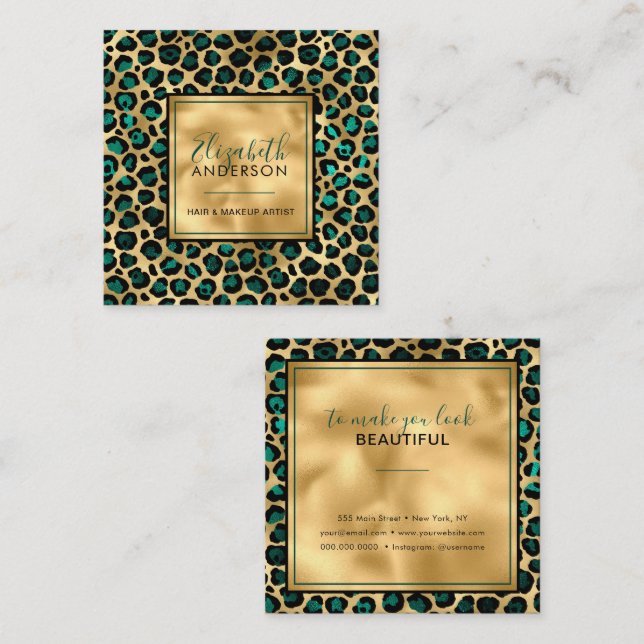 Chic Gold Aquamarin Leopard Print Fashion Modern Quadratische Visitenkarte (Vorne/Hinten)