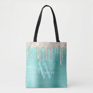 Chic Gold Aquamarin Tropfen Glitzer Monogram Glam