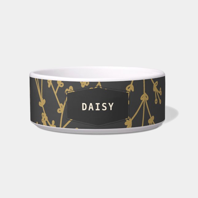 Chic Gold Black Botanic Personalisiert Pet Napf (Vorderseite)