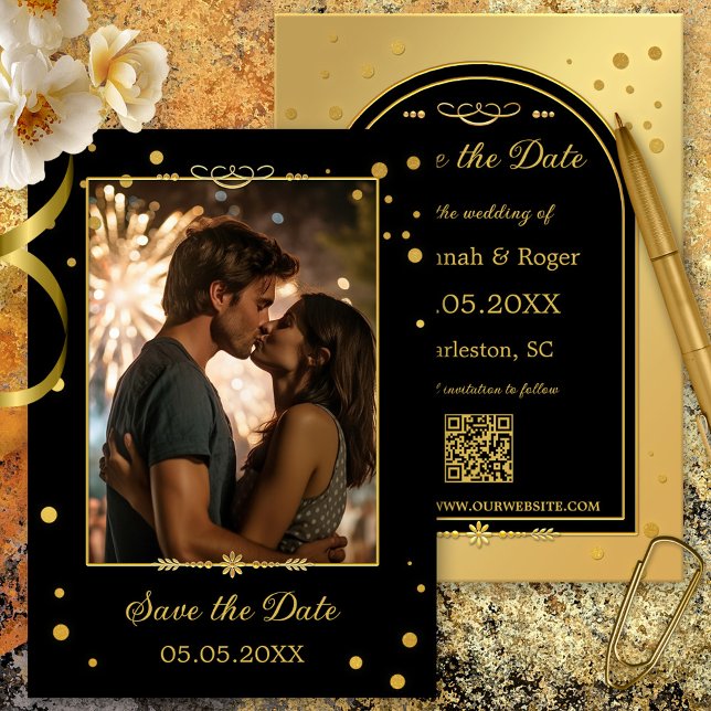 Chic Gold Black Confetti Foto Save the Date (Save the Date card showing your own photo framed by a festive design with confetti on gold and black)